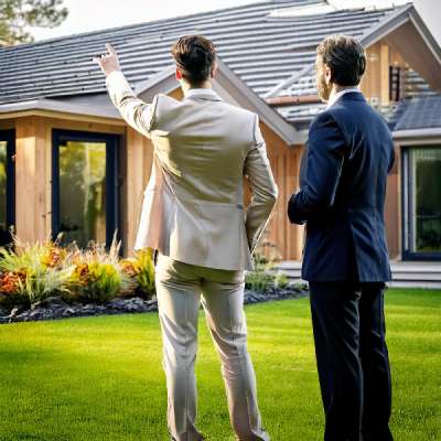 2 hommes regardant une maison. L'un indiquant où les panneaux solaires pourront être installés