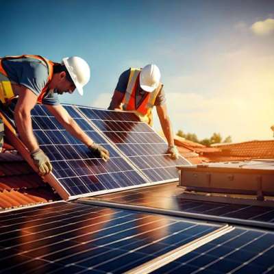 2 hommes installant des panneaux solaires sur un toit.